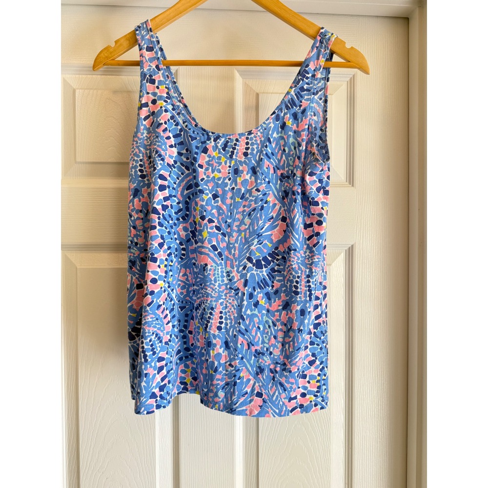 Lilly Pulitzer Tank Top Women XS Blue Pink Abstract Floral Pima Cotton Pleated